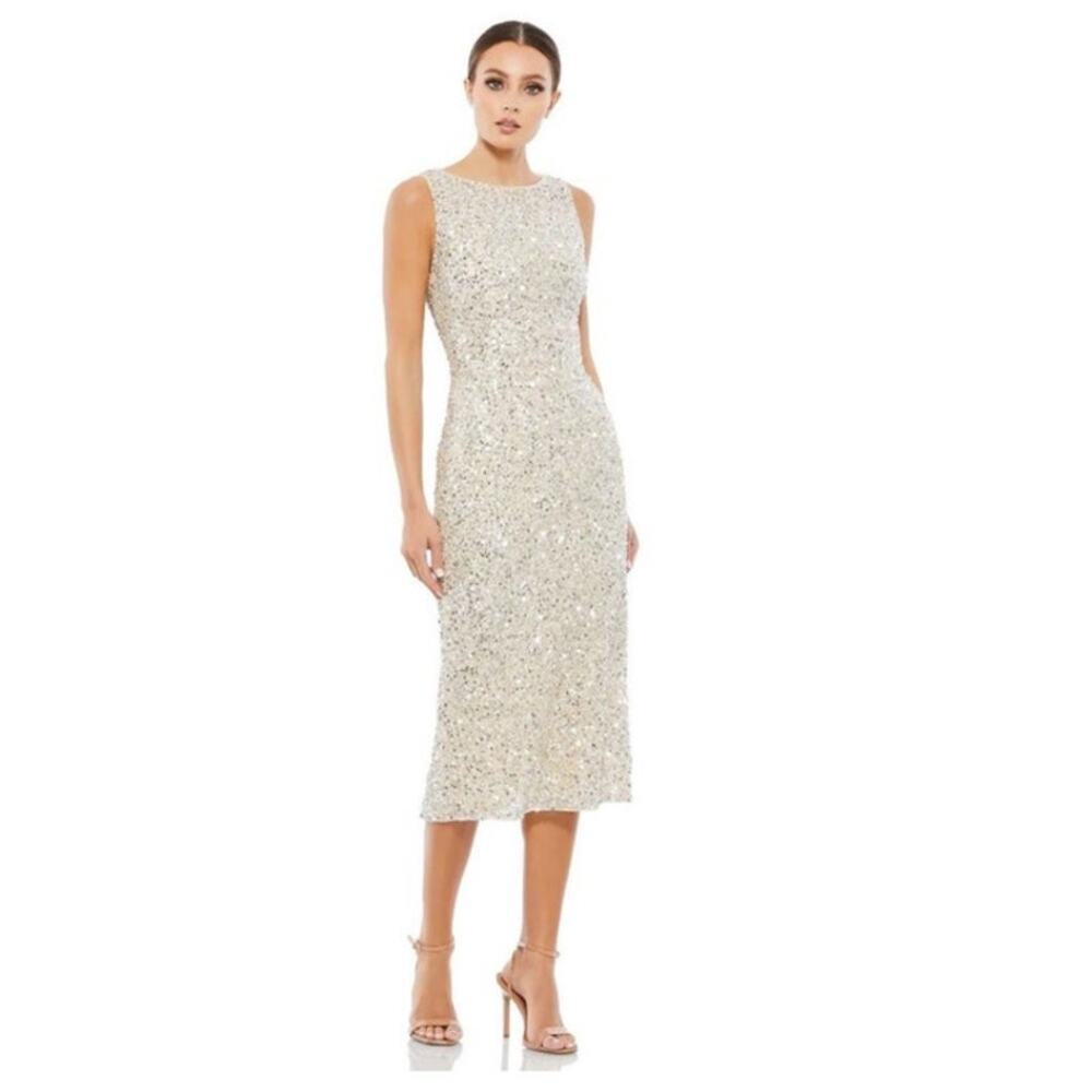 Mac Duggal NEW Size 14 5526 Silver Sleeveless Sequined Formal Midi Sheath Dress